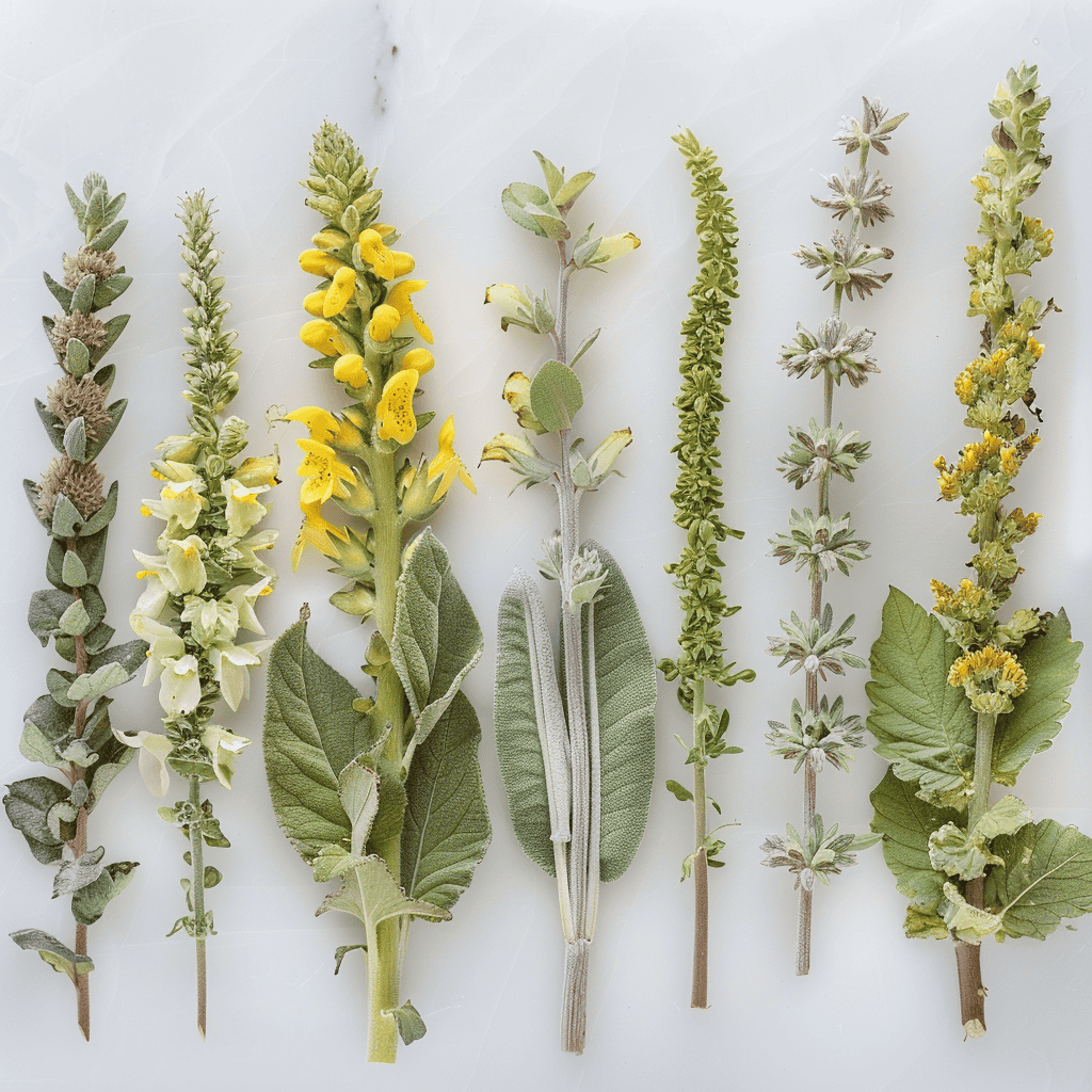 Different varieties of Mullein plants, flowers and leaves